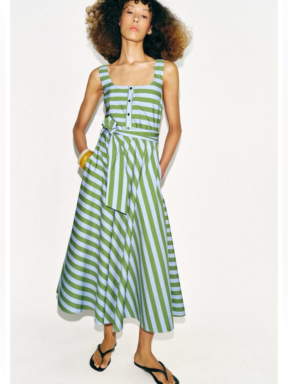 Zara Striped Belted Midi Dress features a straight neckline, wide straps